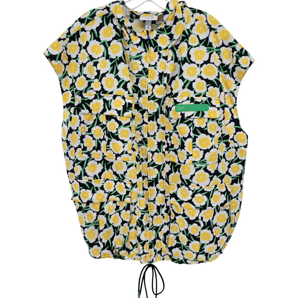 NEW Diane von Furstenberg DVF Floral Hooded Utility Vest Yellow XXL Designer